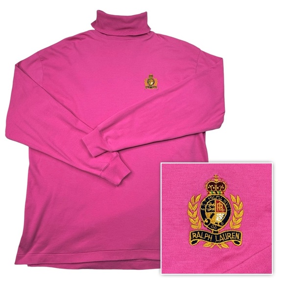 Ralph Lauren Pink Turtleneck Shirt with Embroidered Crest. Large. 90s - Picture 1 of 11